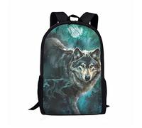 Howilath Wolf Backpack Green Forest Wolves Travel Hiking Climbing Picnic Rucksack for Adults Kids Boys, Washable Lightweight School Bag