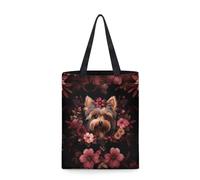 Howilath Yorkshire Terriers Canvas Linen Tote Shopping Bag Dogs Flower Reusable Shoulder Bags Puppy Floral Black Top Handle Bags