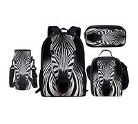 Howilath Zebra School Backpacks for Teen Girls, 17 Inch Backpack 4PCS Set Lightweight Schoolbag Book Bag Lunch Box Pencil Cases Bottle Bag for Elementary School