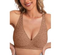 HOWIN Jelly Bras for Women Deep V Wireless Push Up Bra Full Coverage No Underwire Seamless Bras Plunge Comfort Everyday Tshirt Bra, Brown Leopard