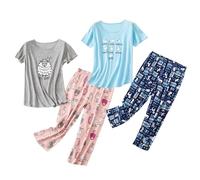 HOWINCO 2 Pack Womens Plus Size Pajama Sets Cotton Pj Set Summer Top With Capri Pants Sleepwear Lounge Set, Grey Sheep+blue Cat, M