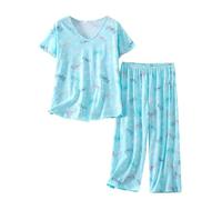 HOWINCO Womens Plus Size Pajama Sets Cotton Pj Sets Summer Short Sleeve Top With Capri Pants Sleepwear, Blue, M