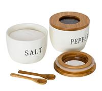 Howise 2 Pack Salt and Pepper Bowls Set, Ceramic Containers With Visible Airtight Bamboo Lid and Spoon, White Pepper Holder Shakers, Cellar Box Dish With Lid