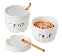 Howise 2 Pack Salt and Pepper Bowls Set, Ceramic Salt and Pepper Containers with Lid and Spoon, White Salt Pepper Holder Shakers Set, Salt Cellar Box Dish with Lid