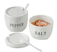 Howise 2 Pack Salt and Pepper Bowls Set, Ceramic Salt and Pepper Containers with Lid and Spoon, White Salt Pepper Holder Set, Salt Box Dish with Lid Easy to clean