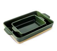 Howise Ceramic Baking Casserole Dish with Handles, Large 9x13 inch Pan and Middle Baking Pan - Porcelain Serving Bakeware Set (Forest Green)