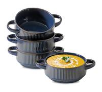 Howise Soup Bowls with Handles, 23 oz French Onion Soup Crocks, Stackable Soup Bowl Oven Safe for Chili, Beef Stew, Embossment Ceramic Bowl Set - 5.4 Inch, Set of 4,Blue