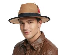 howkuhat Felt Fedora Hat for Men Color Autumn Winter Trilby Hat for Men Felt Jazz Hats for Men UK Short Brim Adjustable Fedora Hats for Women with Belt Feather (UK, Alpha, One Size, M, Camel+Black)