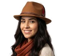 howkuhat Premium Fedora Hat for Men Women Classic Winter Felt Jazz Hat Short Brim Adjustable with Belt Feather(UK, Alpha, One Size, Khaki)