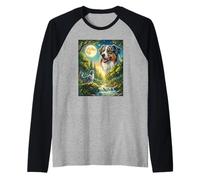 Howling to The Moon Meme Animal Dog Australian Shepherd Raglan Baseball Tee
