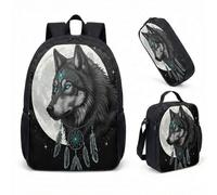Howling Wolf 17 Inch Rucksack 3 Piece Set Vintage Pine Forest & Paw prints Silhouette Art Bookbag for Teens Nature Lover Gift (04)