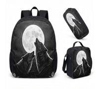 Howling Wolf 17 Inch Rucksack 3 Piece Set Vintage Pine Forest & Paw prints Silhouette Art Bookbag for Teens Nature Lover Gift (09)