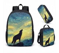 Howling Wolf 17 Inch Rucksack 3 Piece Set Vintage Pine Forest & Paw prints Silhouette Art Bookbag for Teens Nature Lover Gift (14)