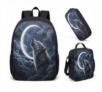 Howling Wolf 17 Inch Rucksack 3 Piece Set Vintage Pine Forest & Paw prints Silhouette Art Bookbag for Teens Nature Lover Gift (06)