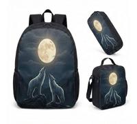 Howling Wolf 17 Inch Rucksack 3 Piece Set Vintage Pine Forest & Paw prints Silhouette Art Bookbag for Teens Nature Lover Gift (08)