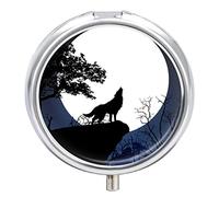 Howling Wolf at The Full Moon Night with Trees Iron Pill Box Case Organizer with Internal Separate Plastic Dividers, Travel Small Medicine Bag Holder Carrier Round Container