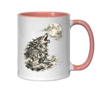 Howling Wolf Beneath The Full Moon Ceramic Tea Coffee Mug Pink