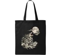 Howling Wolf Beneath The Full Moon Natural Cotton Tote Bag Black