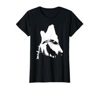 Howling Wolf Dual Exposure Mountain Forest Silhouette Value Graphic T-Shirt, Women, Black, XL