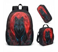 Howling Wolf Full Moon Rucksack 3 Piece Set, Mystical Dark Forest Starry Night 17 Inch (44cm) School Bookbag (07)