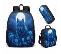 Howling Wolf Full Moon Rucksack 3 Piece Set, Mystical Dark Forest Starry Night 17 Inch (44cm) School Bookbag (10)