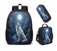 Howling Wolf Full Moon Rucksack 3 Piece Set, Mystical Dark Forest Starry Night 17 Inch (44cm) School Bookbag (01)
