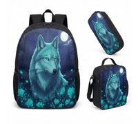 Howling Wolf Full Moon Rucksack 3 Piece Set, Mystical Dark Forest Starry Night 17 Inch (44cm) School Bookbag (11)