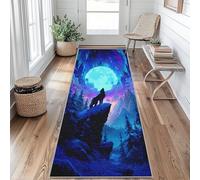 Howling Wolf Runner Rug 60 x 120 cm Long Washable, Mountain Forest Full Moon Carpet Runners for Hallway Non Slip, Kitchen Entryway Hall Bedroom Decor, Soft Low Pile iJ&B309