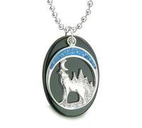 Howling Wolf Turquoise Accent Moon Necklace - Spiritual Gemstones Jewelry - I am Moonlight Series Amulets, 18" CHAIN - Black Agate, Gemstone Stainless Steel, Agate Black Agate