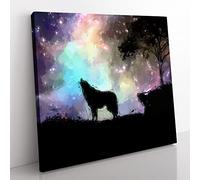 Howling Wolf with a Galaxy Forest in Abstract Modern Canvas Wall Art Print Ready to Hang, Framed Picture for Living Room Bedroom Home Office Décor, 50x50 cm (20x20 Inch)