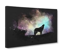 Howling Wolf with a Galaxy Forest Paint Splash Canvas Print for Living Room Bedroom Home Office Décor, Wall Art Picture Ready to Hang, 30 x 20 Inch (76 x 50 cm)