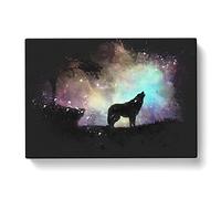 Howling Wolf With A Galaxy Forest Paint Splash Modern Art Canvas Wall Art Print Ready to Hang, Framed Picture for Living Room Bedroom Home Office Décor, 76x50 cm (30x20 Inch)