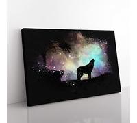 Howling Wolf With A Galaxy Forest Paint Splash Modern Art Canvas Wall Art Print Ready to Hang, Framed Picture for Living Room Bedroom Home Office Décor, 50x35 cm (20x14 Inch)