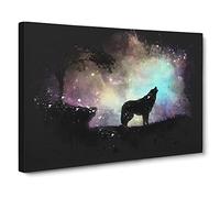 Howling Wolf With A Galaxy Forest Paint Splash Modern Art Canvas Wall Art Print Ready to Hang, Framed Picture for Living Room Bedroom Home Office Décor, 24x16 Inch (60x40 cm)