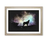 Howling Wolf With A Galaxy Forest Paint Splash Modern Art Framed Wall Art Print, Ready to Hang Picture for Living Room Bedroom Home Office Décor, Oak A4 (34 x 25 cm)