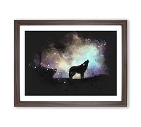 Howling Wolf With A Galaxy Forest Paint Splash Modern Art Framed Wall Art Print, Ready to Hang Picture for Living Room Bedroom Home Office Décor, Walnut A3 (46 x 34 cm)