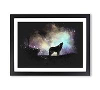 Howling Wolf With A Galaxy Forest Paint Splash Modern Art Framed Wall Art Print, Ready to Hang Picture for Living Room Bedroom Home Office Décor, Black A2 (64 x 46 cm)
