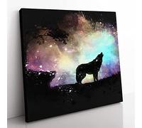 Howling Wolf with a Galaxy Forest Paint Splash Modern Canvas Wall Art Print Ready to Hang, Framed Picture for Living Room Bedroom Home Office Décor, 35x35 cm (14x14 Inch)
