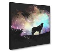 Howling Wolf with a Galaxy Forest Paint Splash Modern Canvas Wall Art Print Ready to Hang, Framed Picture for Living Room Bedroom Home Office Décor, 20x20 Inch (50x50 cm)