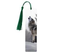 Howling Wolf Wooden Bookmarks 5 Pcs,Handmade Double-Sided Printed Book Marks Page Markers with Dark Green Tassels Book Accessories Gift for Book Lovers Women Men