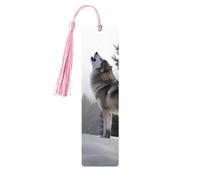 Howling Wolf Wooden Bookmarks 5 Pcs,Handmade Double-Sided Printed Book Marks Page Markers with Pink Tassels Book Accessories Gift for Book Lovers Women Men