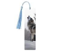 Howling Wolf Wooden Bookmarks 5 Pcs,Handmade Double-Sided Printed Book Marks Page Markers with Sky Blue Tassels Book Accessories Gift for Book Lovers Women Men