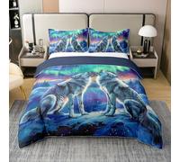 Howling Wolves Comforter Cover King Dreamy Neon Aurora Sky 100% Organic Cotton Duvet Cover 3D Wolf Bedding Sets Antarctic Glacier Mountain Bedspread Cover 2 Pillowcases Soft(Not Comforter)