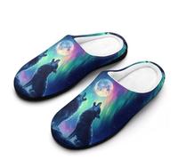 Howling Wolves Northern Lights Moon Men's Cotton Slippers for Winter Casual House Shoes Soft Comfy Slip Indoor Outdoor