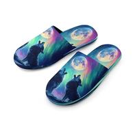Howling Wolves Northern Lights Moon Men's Flannel Slipper Soft Comfy House Shoes Non Slip Winter Warm Indoor Outdoor Slippers