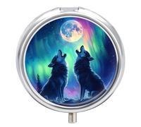 Howling Wolves Northern Lights Moon Pill Box Cute Metal Round Pill Case with 3 Compartments and Mirror for Vitamin Fish Oils