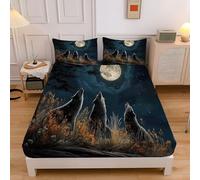 Howling Wolves Under The Moon Print Fitted Sheet for Super King Bed, Microfiber Fitted Sheet Hills Animals, Breathable Fade Resistant 180x200cm Bedding Sheets+2 Pillowcases, Deep Pocket 30 cm