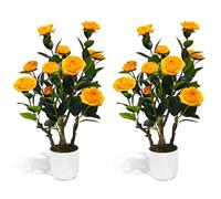 Howngyesimu 2Pack Artificial Camellia Tree, 2FT Faux Camellia Plant in Pot with Orange Flowers for Spring Home Front Door Outdoor Indoor Decoration,Orange