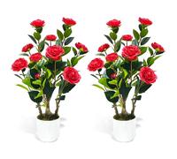 Howngyesimu 2Pack Artificial Camellia Tree, 2FT Faux Camellia Plant in Pot with Red Flowers for Spring Home Front Door Outdoor Indoor Decoration,Red