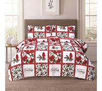 HowPlum Christmas Holiday Full/Queen Lightweight Patchwork Quilt Bedding Set Mistletoe Cardinal Poinsettia Holly Red Green White